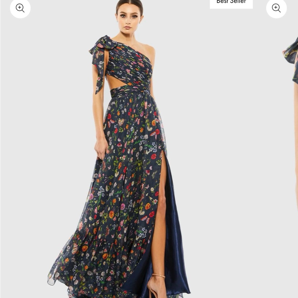 Mac Duggal Navy Tied One Shoulder Cut-Out Flowy Gown